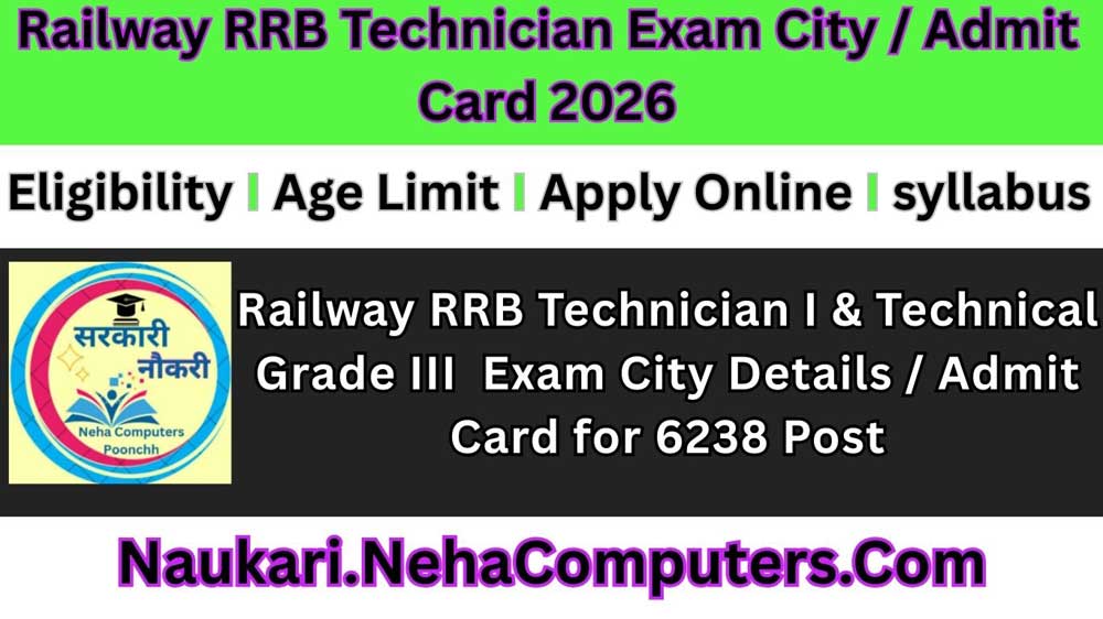 Railway RRB Technician I & Technical Grade III CEN 02/2025: Exam City Details / Admit Card for 6238 Post